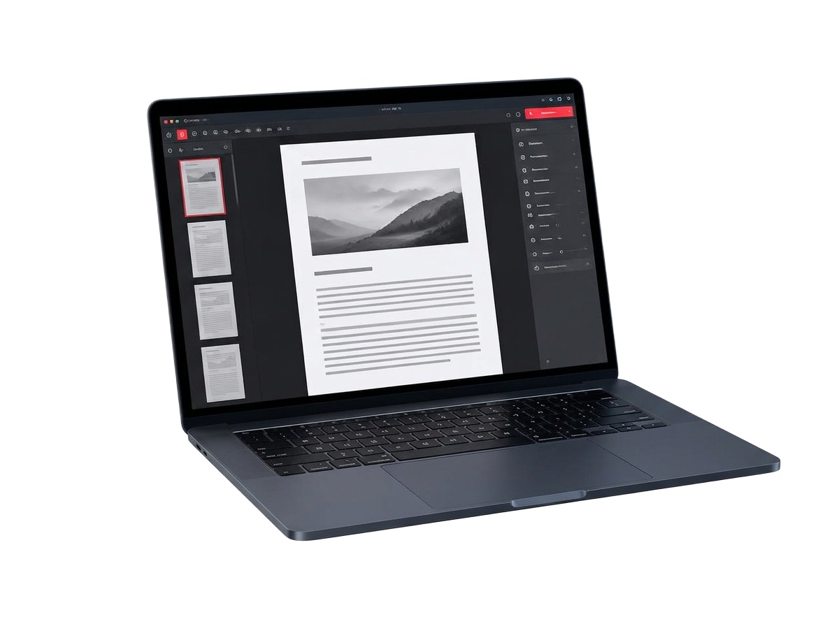 Mockup ilustrativo de um notebook exibindo uma interface de edição de PDF